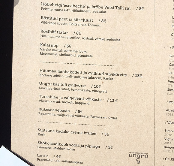 Ungru resto Hiiumaal, menüü